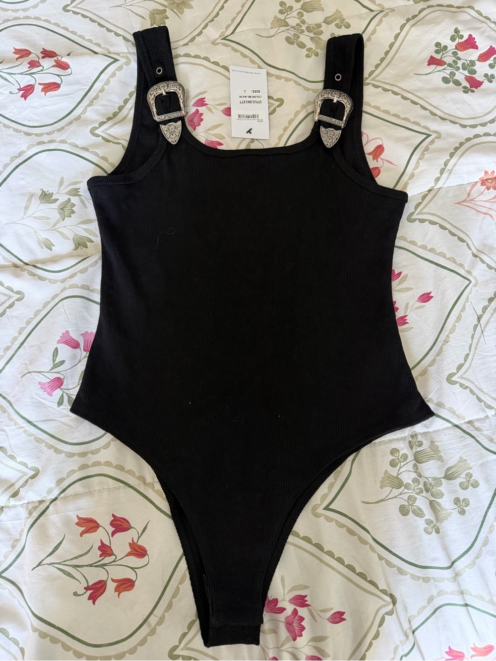 Black Western Buckle Ribbed Tank Bodysuit Size Large NWT